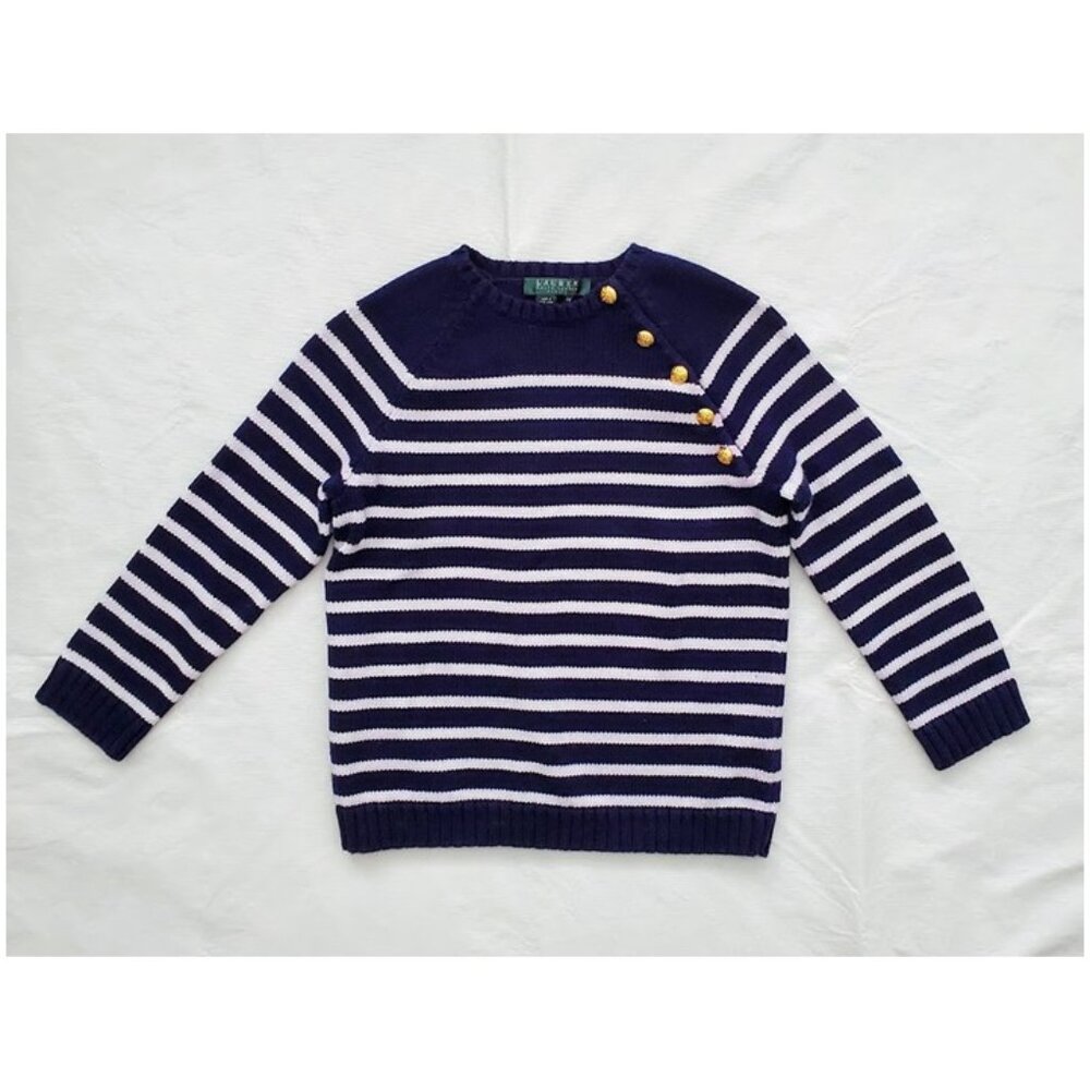 Ralph Lauren Blue White Striped Cotton 3/4 Sleeve Sweater Gold Crest Button Sz S